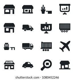 Set of vector isolated black icon - shop vector, store, plane, truck trailer, car delivery, sea port, search cargo, presentation, storefront
