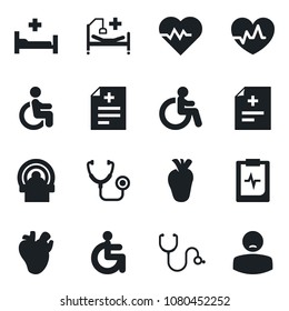 Set of vector isolated black icon - disabled vector, heart pulse, diagnosis, stethoscope, tomography, hospital bed, real, clipboard, patient
