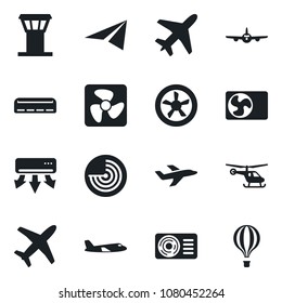 Set of vector isolated black icon - plane vector, airport tower, radar, helicopter, air conditioner, fan, paper, balloon