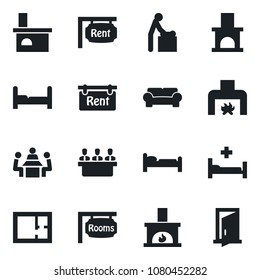 Set of vector isolated black icon - baby room vector, bed, fireplace, hospital, meeting, plan, rent, rooms, bedroom, cushioned furniture, door