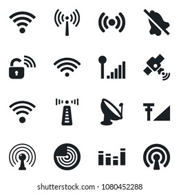 Set of vector isolated black icon - antenna vector, radar, satellite, equalizer, wireless, mute, cellular signal, lock