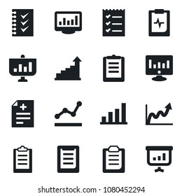 Set of vector isolated black icon - growth statistic vector, monitor, diagnosis, pulse clipboard, statistics, bar graph, checklist, point, presentation