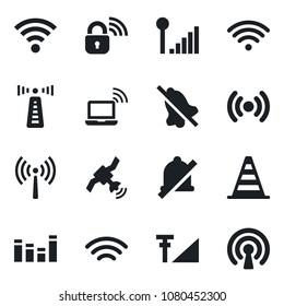 Set of vector isolated black icon - antenna vector, wireless notebook, border cone, satellite, equalizer, mute, cellular signal, lock