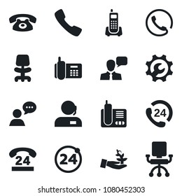Set of vector isolated black icon - 24 around vector, office chair, phone, hours, speaker, radio, call, root setup, support, palm sproute