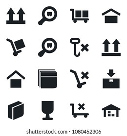 Set of vector isolated black icon - fragile vector, cargo, warehouse storage, up side sign, no trolley, hook, package, search, blank box