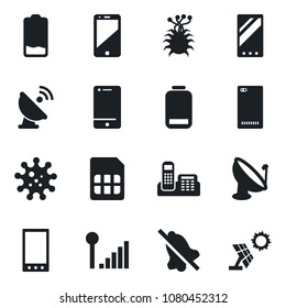 Set of vector isolated black icon - virus vector, satellite antenna, cell phone, low battery, mobile, back, sim, mute, cellular signal, office, sun panel