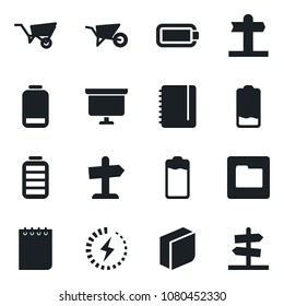 Set of vector isolated black icon - notepad vector, presentation board, wheelbarrow, signpost, battery, low, folder, charge, blank box, guidepost
