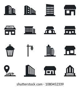 Set of vector isolated black icon - office building vector, garden light, navigation, store, city house, cafe, storefront