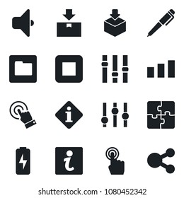 Set of vector isolated black icon - package vector, sorting, settings, touch screen, stop button, folder, charge, application, pen, sound, information, social media