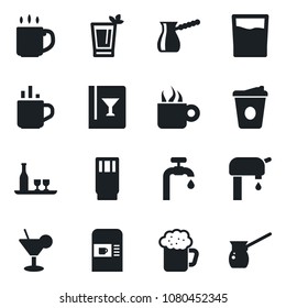 Set of vector isolated black icon - hot cup vector, coffee machine, water supply, alcohol, wine card, drink, cocktail, phyto bar, beer, turkish