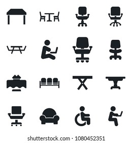 Set of vector isolated black icon - cafe vector, waiting area, office chair, picnic table, disabled, cushioned furniture, restaurant, man with notebook