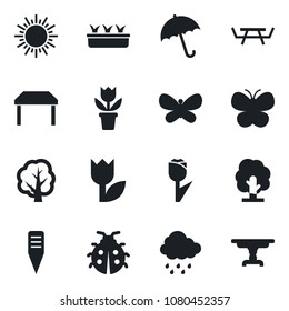 Set of vector isolated black icon - umbrella vector, sun, flower in pot, tree, butterfly, lady bug, seedling, rain, plant label, picnic table, tulip