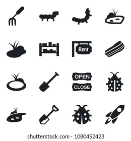 Set of vector isolated black icon - garden fork vector, shovel, lady bug, caterpillar, pond, rack, rent, bacon, open close, rocket