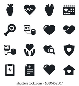 Set of vector isolated black icon - heart vector, pulse, diagnosis, blood pressure, diagnostic, shield, hand, real, medical calendar, clipboard, sweet home