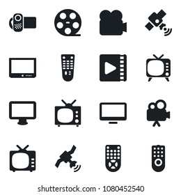 Set of vector isolated black icon - reel vector, satellite, tv, video camera, remote control, monitor