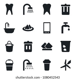 Set of vector isolated black icon - trash bin vector, shower, bucket, tooth, mobile, water supply, bathroom, serviette, filter, windmill