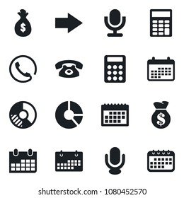 Set of vector isolated black icon - right arrow vector, calendar, circle chart, microphone, calculator, phone, money bag