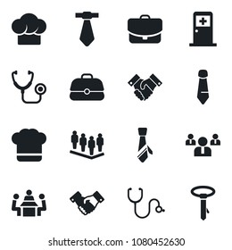 Set of vector isolated black icon - medical room vector, handshake, team, tie, stethoscope, meeting, cook hat, case
