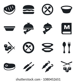 Set of vector isolated black icon - spoon and fork vector, cafe, menu, plates, waiter, steak, kebab, hamburger, bowl, sushi