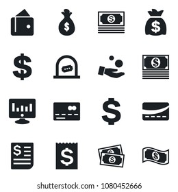 Set of vector isolated black icon - credit card vector, ticket office, dollar sign, money bag, statistic monitor, cash, receipt, wallet, investment