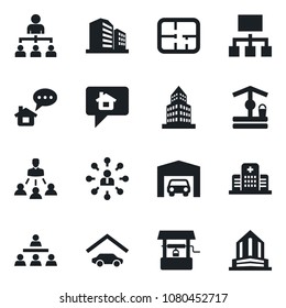 Set of vector isolated black icon - hierarchy vector, well, hospital, office building, garage, plan, home message