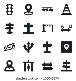 Set of vector isolated black icon - airport bus vector, barrier, security gate, signpost, border cone, route, navigation, traffic light, place tag, guidepost