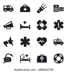 Set of vector isolated black icon - hose vector, heart pulse, doctor case, patch, ambulance star, car, hospital bed, loudspeaker, torch, crisis management