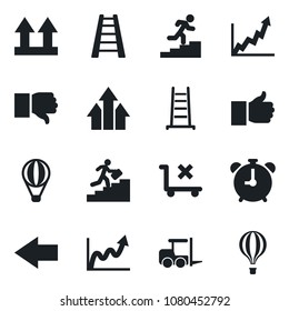 Set of vector isolated black icon - alarm clock vector, left arrow, fork loader, ladder, up side sign, no trolley, finger, down, career, graph, growth, air balloon