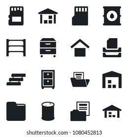 Set of vector isolated black icon - warehouse storage vector, oil barrel, rack, sd, folder, document, paper tray, archive box