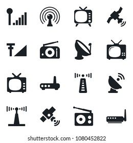 Set of vector isolated black icon - antenna vector, satellite, radio, tv, cellular signal, router