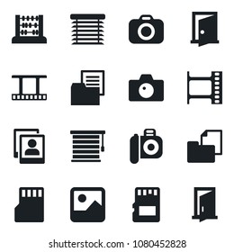 Set of vector isolated black icon - camera vector, abacus, folder document, film frame, gallery, sd, photo, jalousie, door