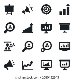 Set of vector isolated black icon - growth statistic vector, presentation board, monitor statistics, hr, target, client search, consumer, graph, advertising