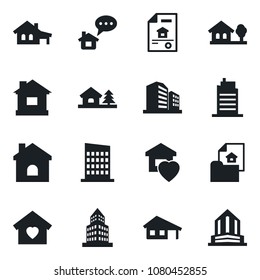 Set of vector isolated black icon - house vector, office building, with garage, tree, estate document, sweet home, city, message