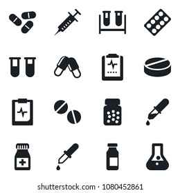 Set of vector isolated black icon - syringe vector, blood test vial, dropper, pills, bottle, blister, ampoule, pulse clipboard, flask