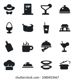 Set of vector isolated black icon - dish vector, cook hat, reception, cocktail, phyto bar, coffee, plates, waiter, egg stand, cafe building, vip zone, dress code, chicken, cutting board
