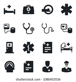 Set of vector isolated black icon - medical room vector, doctor case, diagnosis, stethoscope, blood pressure, tomography, ambulance star, hospital bed