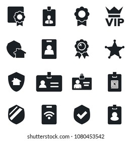 Set of vector isolated black icon - vip vector, identity, card, medal, shield, sertificate, home protect, police, pass