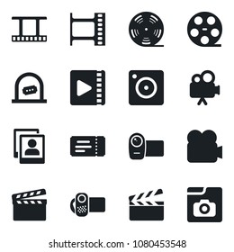 Set of vector isolated black icon - ticket vector, office, clapboard, film frame, reel, video camera, mobile, photo gallery