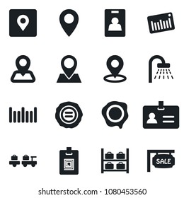 Set of vector isolated black icon - identity vector, shower, baggage larry, luggage storage, stamp, navigation, pin, barcode, place tag, card, sale