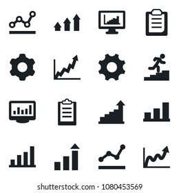 Set of vector isolated black icon - growth statistic vector, settings, clipboard, monitor statistics, bar graph, point, career ladder, arrow up