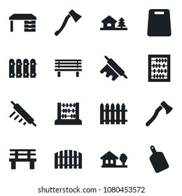 Set of vector isolated black icon - abacus vector, desk, fence, axe, bench, house with tree, rolling pin, cutting board