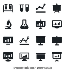 Set of vector isolated black icon - presentation board vector, statistic monitor, blood test vial, microscope, statistics, point graph, flask