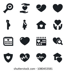 Set of vector isolated black icon - heart vector, pulse, diagnostic, shield, hand, medical calendar, pregnancy, sweet home