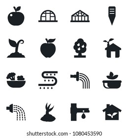 Set of vector isolated black icon - watering vector, sproute, plant label, greenhouse, drip irrigation, fruit tree, salad, apple, eco house