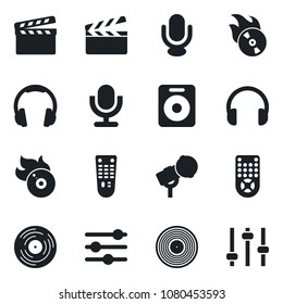 Set of vector isolated black icon - clapboard vector, vinyl, flame disk, microphone, remote control, headphones, speaker, tuning