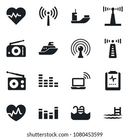 Set of vector isolated black icon - antenna vector, wireless notebook, heart pulse, clipboard, sea shipping, radio, equalizer, pool