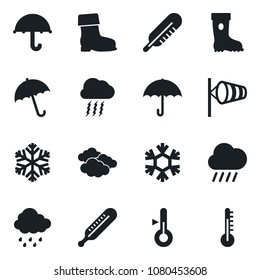 Set of vector isolated black icon - umbrella vector, clouds, storm cloud, wind, boot, rain, thermometer, snowflake