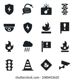 Set of vector isolated black icon - bomb in case vector, border cone, storm cloud, fire, hose, important flag, traffic light, flammable, protect, surveillance