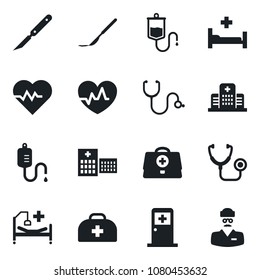 Set of vector isolated black icon - medical room vector, heart pulse, doctor case, stethoscope, dropper, scalpel, hospital bed