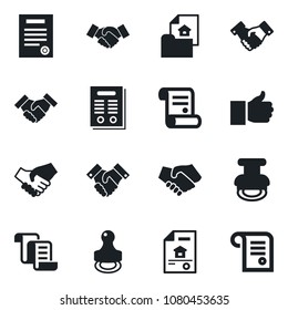 Set of vector isolated black icon - handshake vector, contract, finger up, stamp, estate document